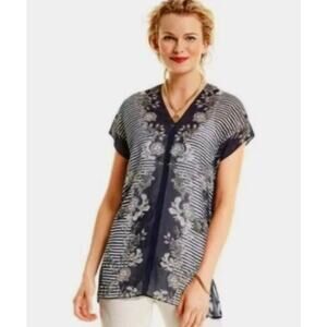 Cabi YACHT TOP 5024 Navy Blue White Sheer Tunic Flowy Short Sleeve Floral Stripe